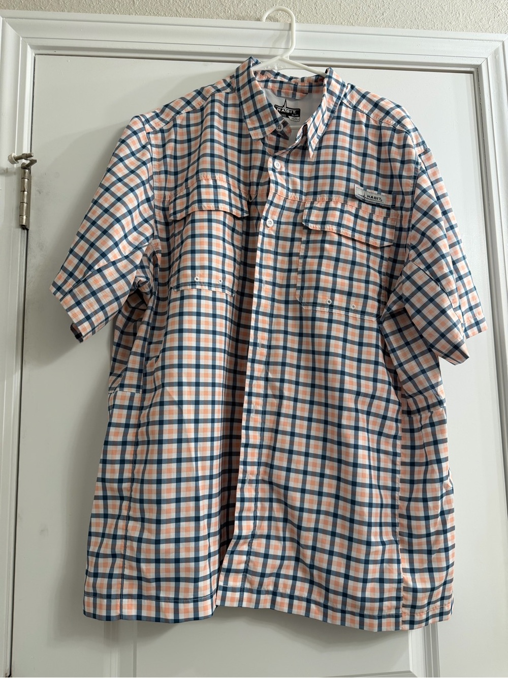 Habit Men's Short-Sleeve Plaid Button-Up Shirt - Peach and Blue